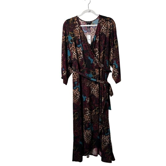 Catherines Dresses & Skirts - Catherines Black Label Paisley Leopard Print Wrap Dress Size 3X V Neck Belt NWT
